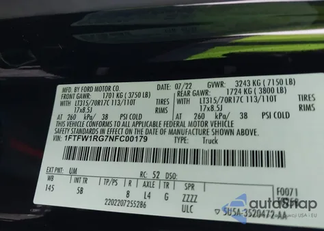 2022 Ford F-150 Raptor z USA, uszkodzony, nr VIN 1FTFW1RG7NFC00179